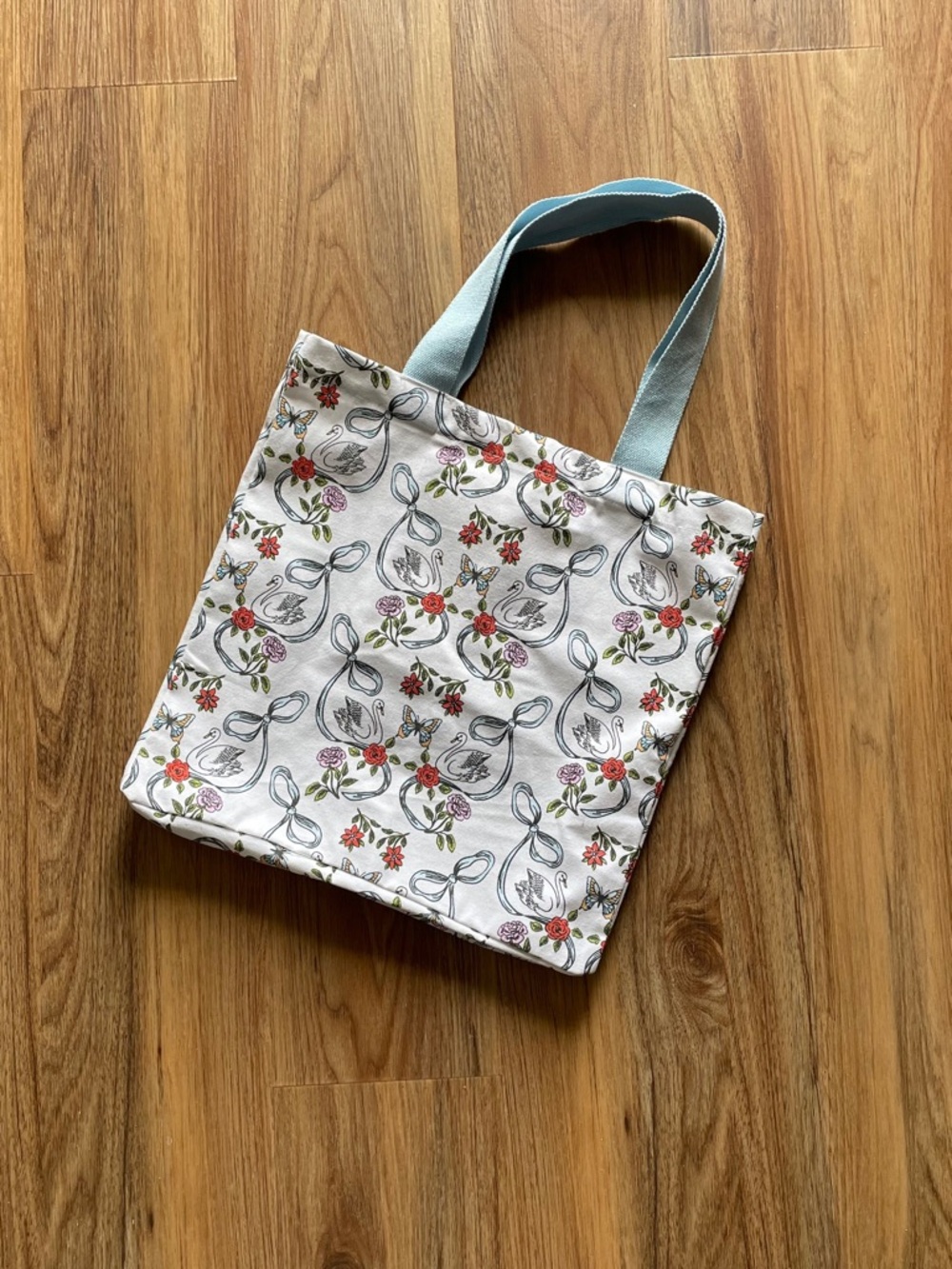 Floral Ribbon Print Canvas Tote Bag with Light Blue Handles